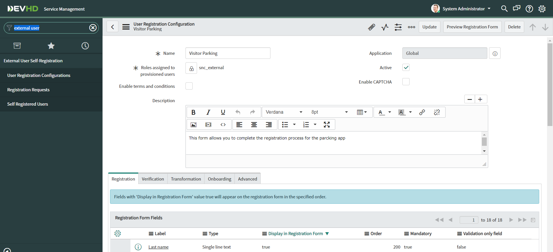 user registration configuration